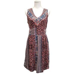 Lucky Brand Dress Women's Medium Sleeveless Smocked Waist Pockets Boho Aztec